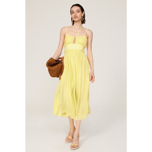 Ulla Johnson Freya Yellow Keyhole Tie Neck Sleeveless Midi Dress Size 6 - Picture 1 of 14